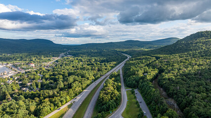 August 20 2024, Sunny afternoon summer aerial image of the interstate, I 87 south of Lake George, NY, USA	