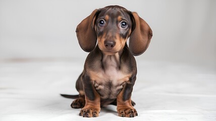 A Dachshund puppy sitting on a white background, with long floppy ears, a smooth brown coat