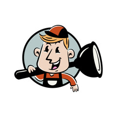 Cartoon plumber mascot or logo, holding a plunger with a smile, ready to fix plumbing problems.