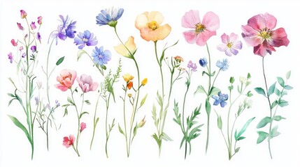 Watercolor illustration of a collection of wildflowers