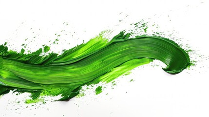 A vibrant green paint stroke in a wave-like motion with splatters across a white background.