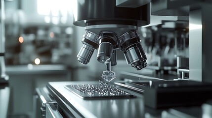 Fototapeta premium Microscope Close Up on Shiny Objects in Laboratory Setting