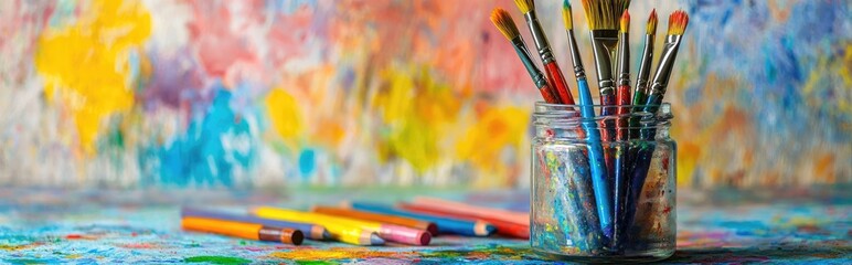 Fototapeta premium Watercolor illustration featuring vintage paintbrushes placed in a jar set against a backdrop of paints and colored pencils in a creative space for children