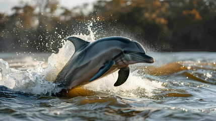 Fototapeta premium Amazon River Dolphin leaping out of the water, with ripples and splashes creating dynamic movement