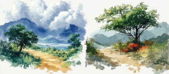 Watercolor illustration guide for creating landscapes through step by step oil painting techniques Hand painted digital landscape illustration for skill enhancement