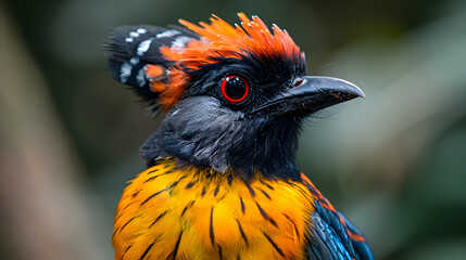 Fototapeta premium Amazon Royal Flycatcher head, showcasing its colorful crest and keen eyes