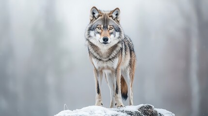 Fototapeta premium Grey Wolf Standing on Snow Covered Rock in Winter Forest
