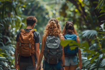Fototapeta premium Three Friends Hiking Through Tropical Jungle Surrounded by Lush Greenery During Daylight Hours