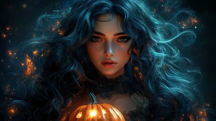 Beautiful witch with glowing pumpkin on Halloween night

