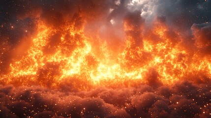 Dramatic fiery sky with glowing clouds and particles.