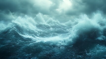 Obraz premium Dramatic stormy ocean with large waves crashing and whitecaps under a dark cloudy sky.
