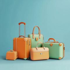 3D render of travel luggage and handbags in orange and green pastel colors on a light blue background