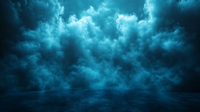 Dramatic stormy sky with dark blue clouds reflecting on a still body of water.