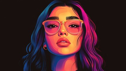 Obraz premium A vibrant portrait of a stylish woman with colorful hair and glasses, embodying modern beauty and artistic flair.