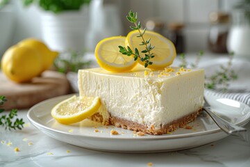 Plate with tasty lemon cheesecake on white marble table, closeup