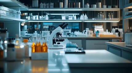 A shot of a laboratory with medical equipment like microscopes, test tubes, and centrifuges, showcasing the tools essential for medical research and diagnostics 
