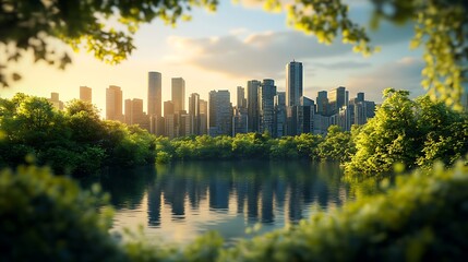 Fototapeta premium Cityscape Reflected in Calm Water with Lush Green Trees