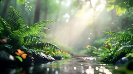 Fototapeta premium Tranquil Stream in Lush Green Forest with Sunlight