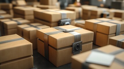 Fototapeta premium Stack of Cardboard Boxes with Tape and Camera Lens