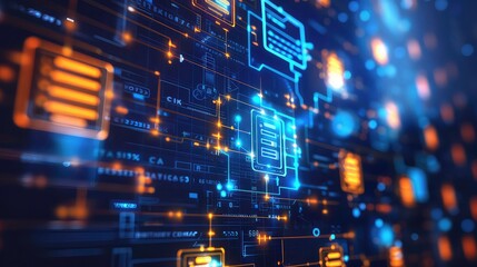 Abstract futuristic digital background with glowing lines, shapes, and numbers in blue and yellow colors on a dark background.
