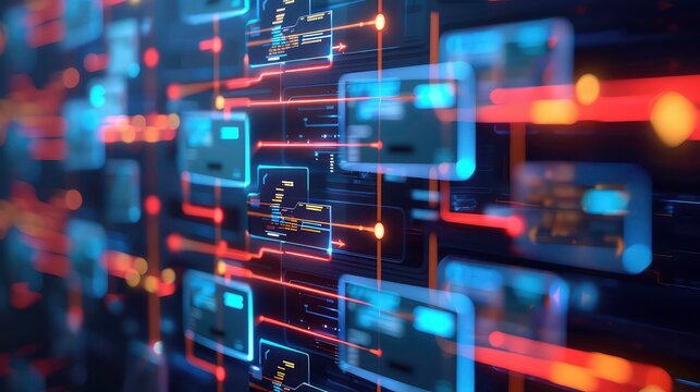 An abstract background with a futuristic and technological feel, showcasing interconnected glowing panels and lines with code-like text. - Powered by Adobe