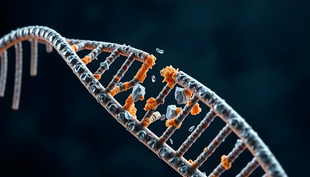 Detailed 3d rendering of DNA strand. DNA breaking due to genetic mutations.