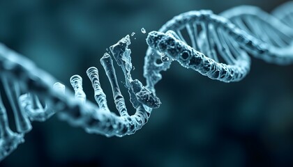 Detailed 3d rendering of DNA strand. DNA breaking due to genetic mutations.