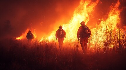 Fototapeta premium Firefighters in full gear battle a raging wildfire.