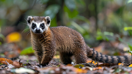 Fototapeta premium Amazon South American Coati foraging on the forest floor, its ringed tail and body visible