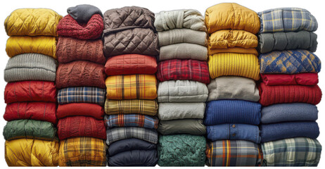A colorful stack of folded sweaters and jackets
