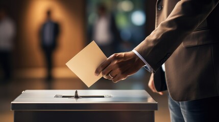 Civic duty - hand placing a ballot paper in ballot box for voting, emphasizing importance of election concept, showcasing anonymity of secret ballot, reflecting competitive nature of preelection race