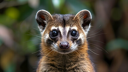 Fototapeta premium Amazon South American Coati face, its fur and whiskers detailed with a blurred background