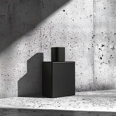 Mockup black square perfume bottle, cement concrete wall background