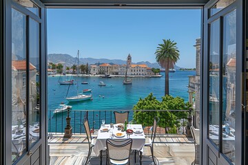 Fototapeta premium Captivating panoramic view from the balcony of a seaside villa, overlooking the blue sea, sailboats, and Lokrum island. Perfect for unwinding and embracing the Mediterranean lifestyle.