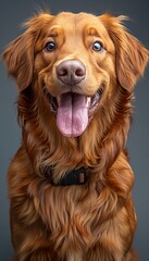 A close-up photo of a happy golden retriever dog with its tongue out, isolated on a gray background. The dog has a collar with a tag on it. Its fur is long and wavy.