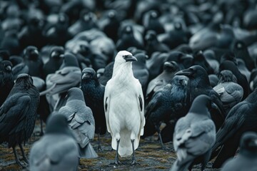 Fototapeta premium Uncommon sight - a white crow in a flock of black crows, illustrating the concept of uniqueness and originality, celebrating individuality and the power of being different in a uniform society
