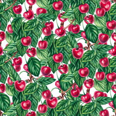 Watercolor cherry pattern. Watercolor cherry berries pattern. Cherry berries seamless pattern. Cherry hand drawn elements pattern for the design of fabric, textile, clothing, packaging