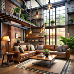 Naklejka premium living room interior in loft industrial style