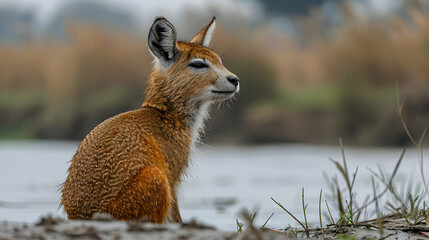 Obraz premium Amazon Spotted Paca sitting near a riverbank, its body relaxed and environment serene