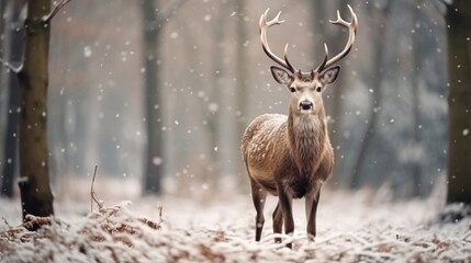 Festive holiday scene  reindeer in snowy forest with gift boxes under christmas tree