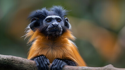 Fototapeta premium Amazon Tamarin Monkey perched on a branch, its expressive face and fur details visible