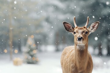 Festive holiday scene  gift boxes under christmas tree with reindeer in snowy forest