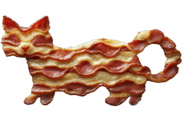 A crispy cat-shaped creation made of bacon strips