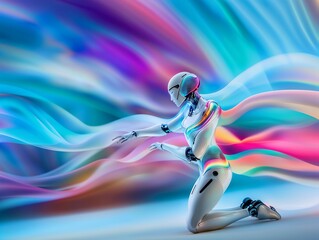 Obraz premium Futuristic Humanoid Robot with Colorful Digital Waves in Abstract Setting