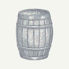 Wooden Barrel. Vintage woodcut engraving style vector illustration.