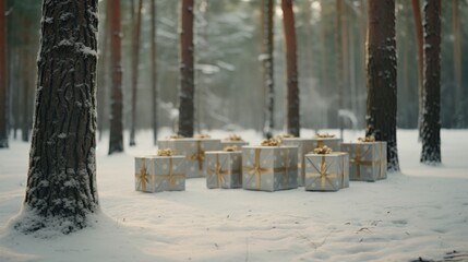 Christmas gift boxes under tree with reindeer in snowy forest   holiday festive concept