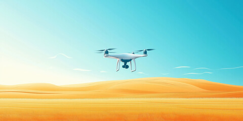 Modern Drone Flying Over Scenic Sunlit Desert Landscape with Clear Blue Sky