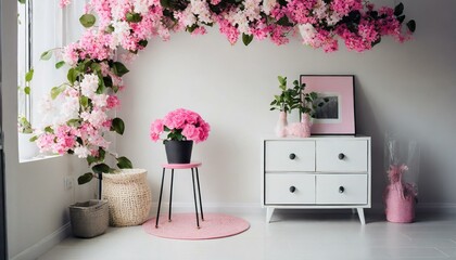  beautifully designed interior space with a strong artificial floral theme and pink accents