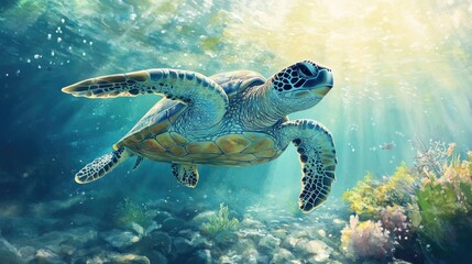 Fototapeta premium Watercolor digital illustration of a sea turtle swimming in its aquatic environment Depicts marine life with coral reefs stones on the seafloor and sea vegetation Artistic rendering of an ocean tu