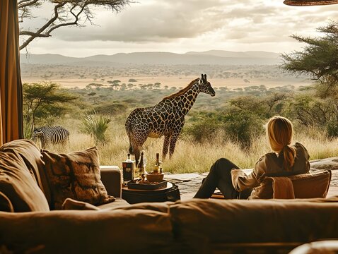 Fototapeta Majestic Giraffe Amid Untamed Wilderness on Eco Luxe Safari Getaway